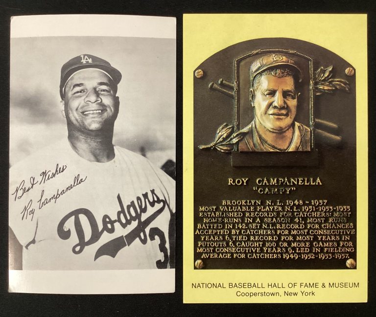 Roy Campanella Unsigned Lot of 2 Vintage Baseball HOF Plaque Postcard Stat Card