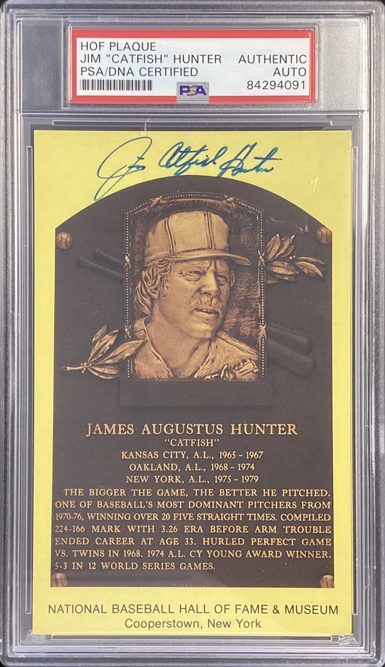 Jim Catfish Hunter Signed Gold Plaque HOF Postcard Yellow As Autograph PSA/DNA