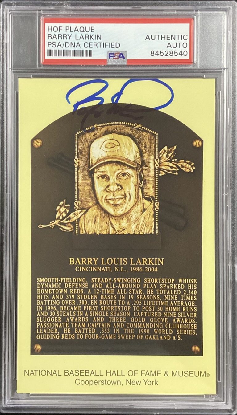 Barry Larkin Signed Gold Plaque HOF Postcard Yellow Cinci Reds Autograph PSA/DNA