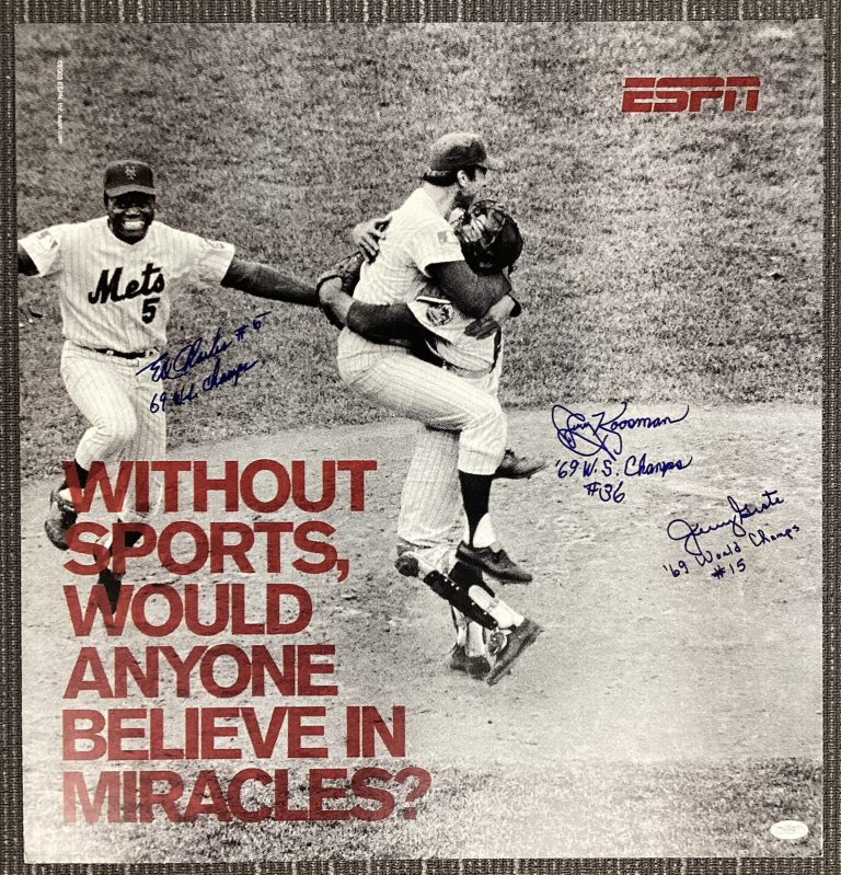 Jerry Koosman Signed Subway ESPN Ad 1869 Mets Ed Charles Jerry Grote WS Auto JSA