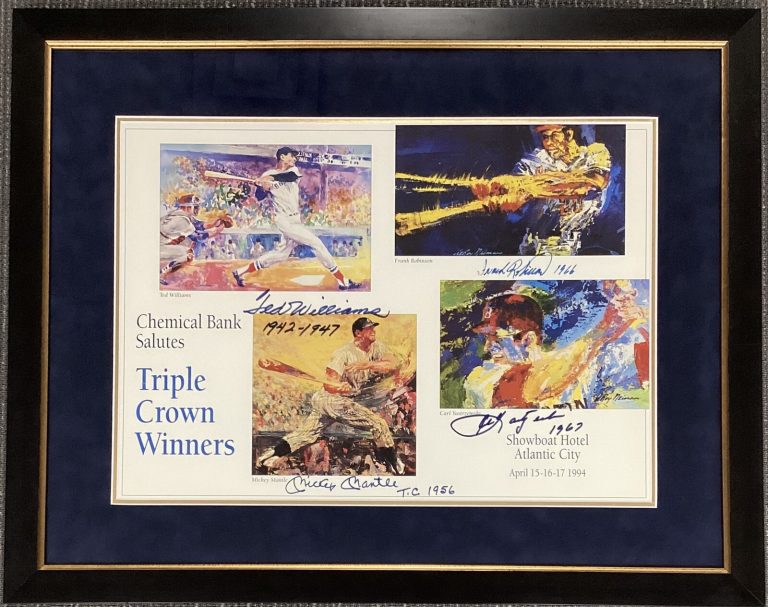 Mickey Mantle Signed Triple CrownPoster Neiman Art Ted Yaz Frank Auto Framed JSA