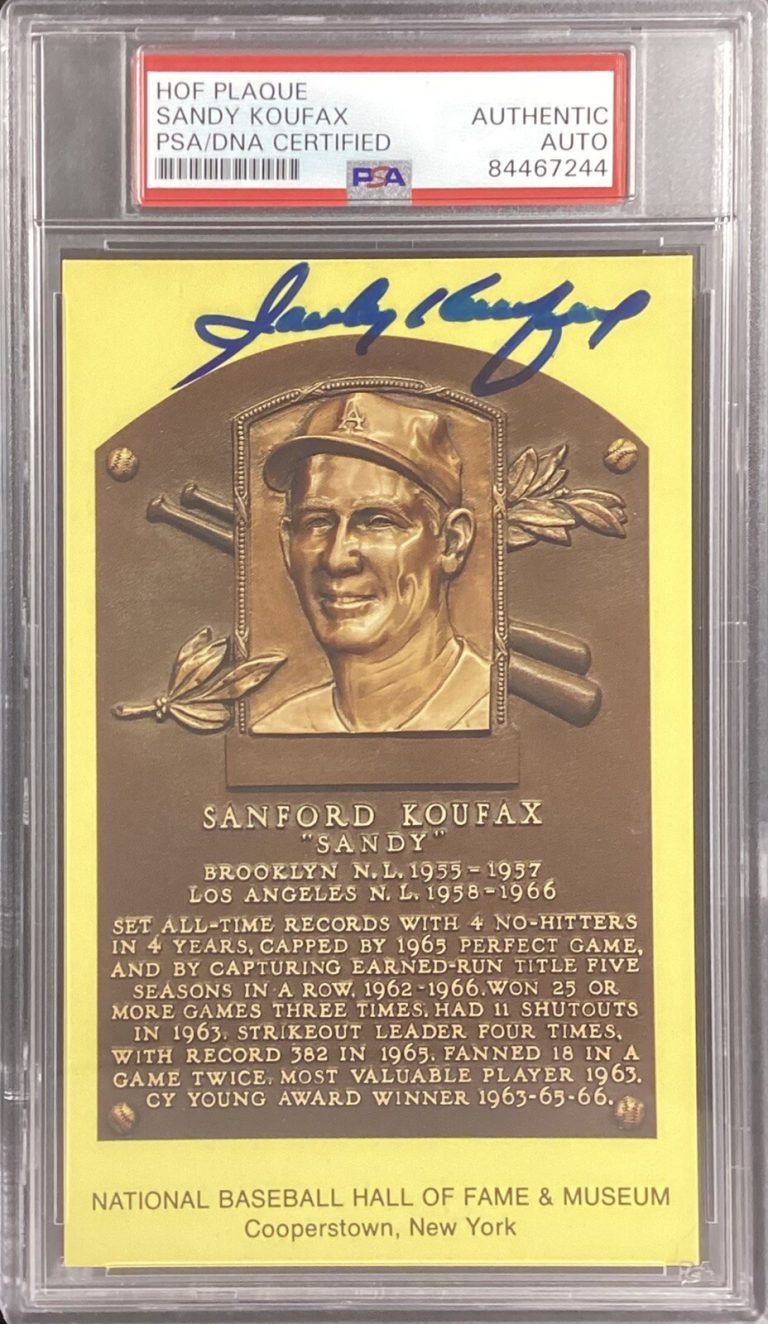Sandy Koufax Signed Gold Plaque HOF Postcard Yellow Dodgers Autograph PSA/DNA