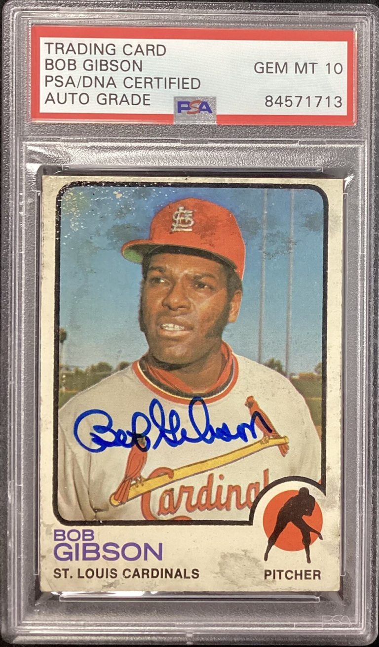 Bob Gibson Signed 1973 Topps #190 Baseball Card Damage Auto PSA/DNA Gem MT 10