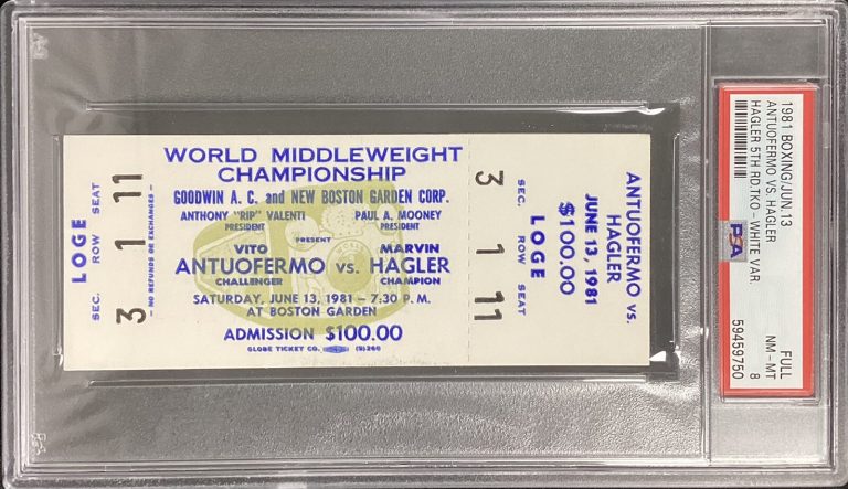 Marvin Hagler vs Vito Antuofermo Fight Ticket Stub 6/13/81 White PSA/DNA NM-MT 8