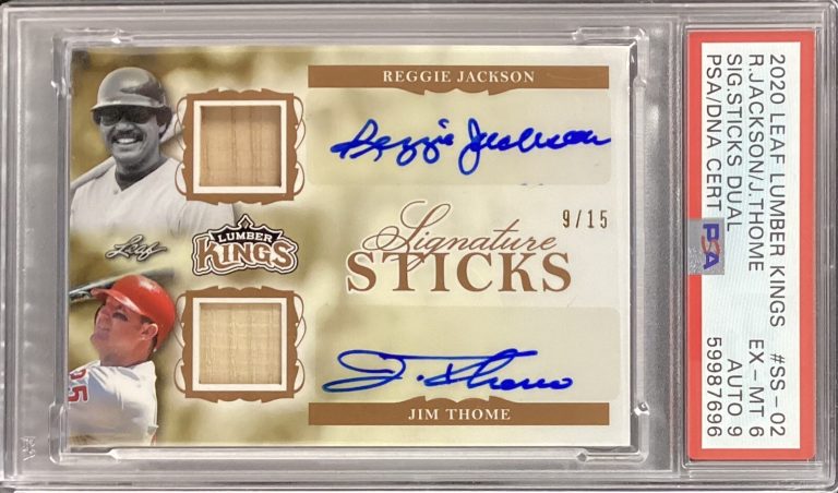 Reggie Jackson Signed 2020 Leaf LK #SS-02 Jim Thome PSA/DNA Card EX-MT 6 Auto 9