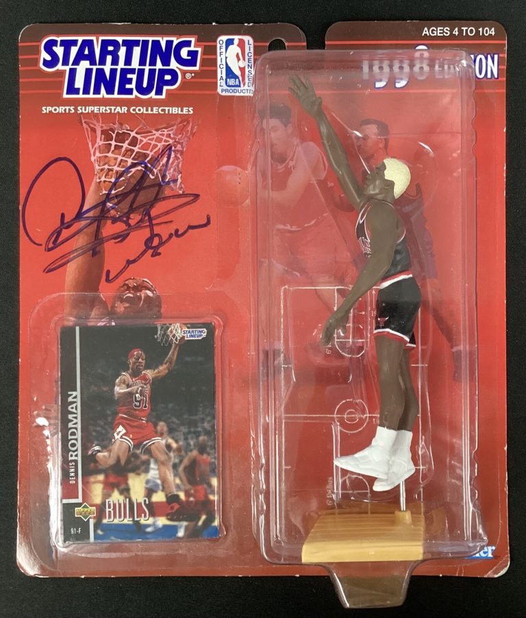 Dennis Rodman Signed Starting Lineup 1998 Bulls Auto Worm Ins Yellow HOF PSA/DNA
