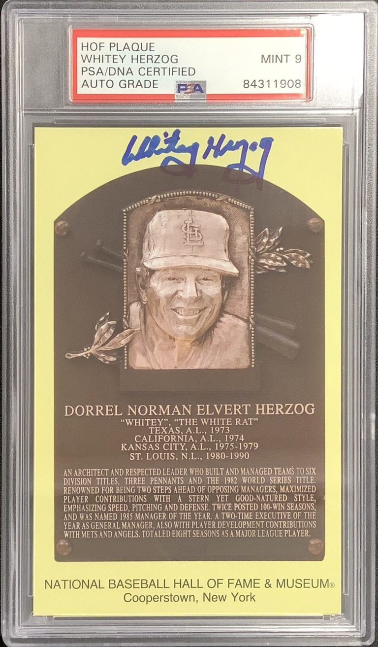 Whitey Herzog Signed Gold HOF Plaque Postcard Yellow Cardinals PSA/DNA Auto Mt 9