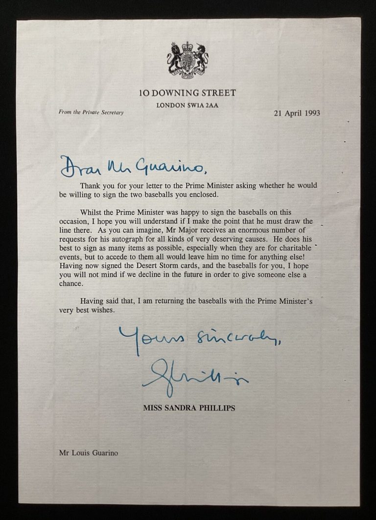 Sandra Phillips Signed Letter London Prime Minister John Major Autograph Request