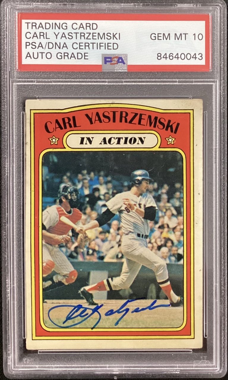 Carl Yastrzemski Signed 1972 Topps In Action #38 Card HOF PSA/DNA Auto Gem Mt 10