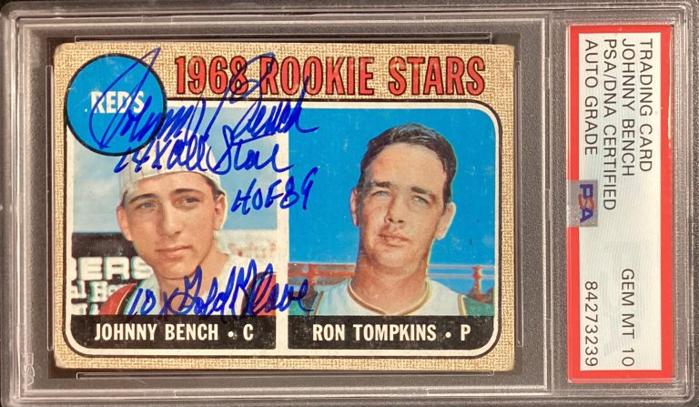 Johnny Bench Signed 1968 Topps #247 Rookie Card STATS Reds HOF89 PSA/DNA Auto 10