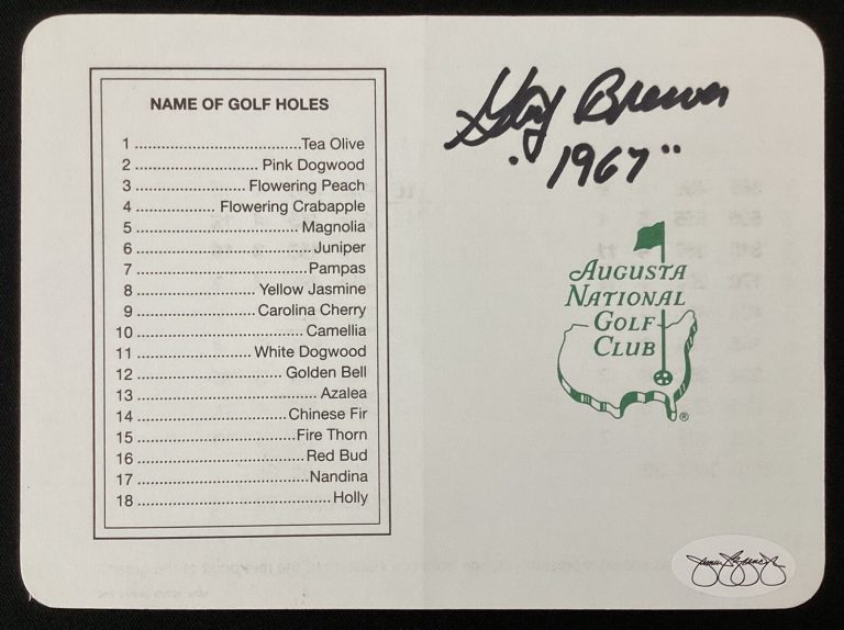 Gay Brewer Signed Scorecard Golf Augusta National 1967 Masters PGA Autograph JSA