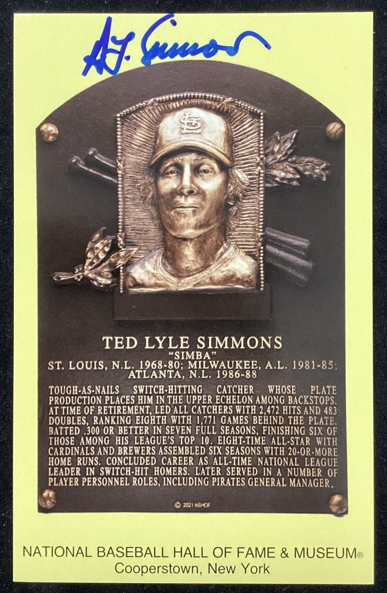 Ted Simmons Signed Gold HOF Plaque Postcard Yellow Cardinals Autograph MLB Holo