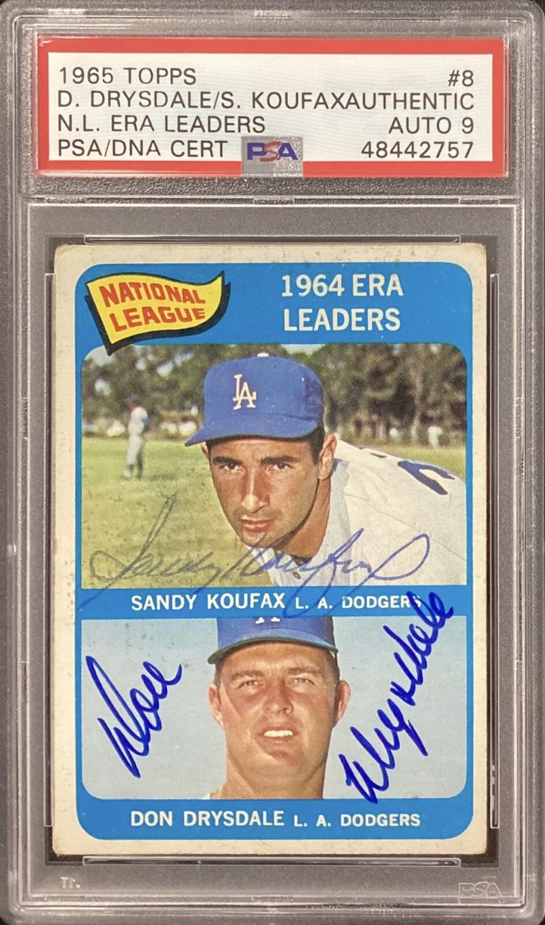 Sandy Koufax Signed 1965 Topps #8 Card Don Drysdale HOF Autograph PSA/DNA 9