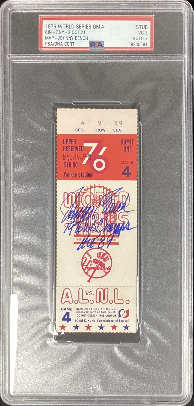 Johnny Bench Signed Ticket 10/21/1976 World Series Gm 4 PSA/DNA Auto 7 Stub VG3