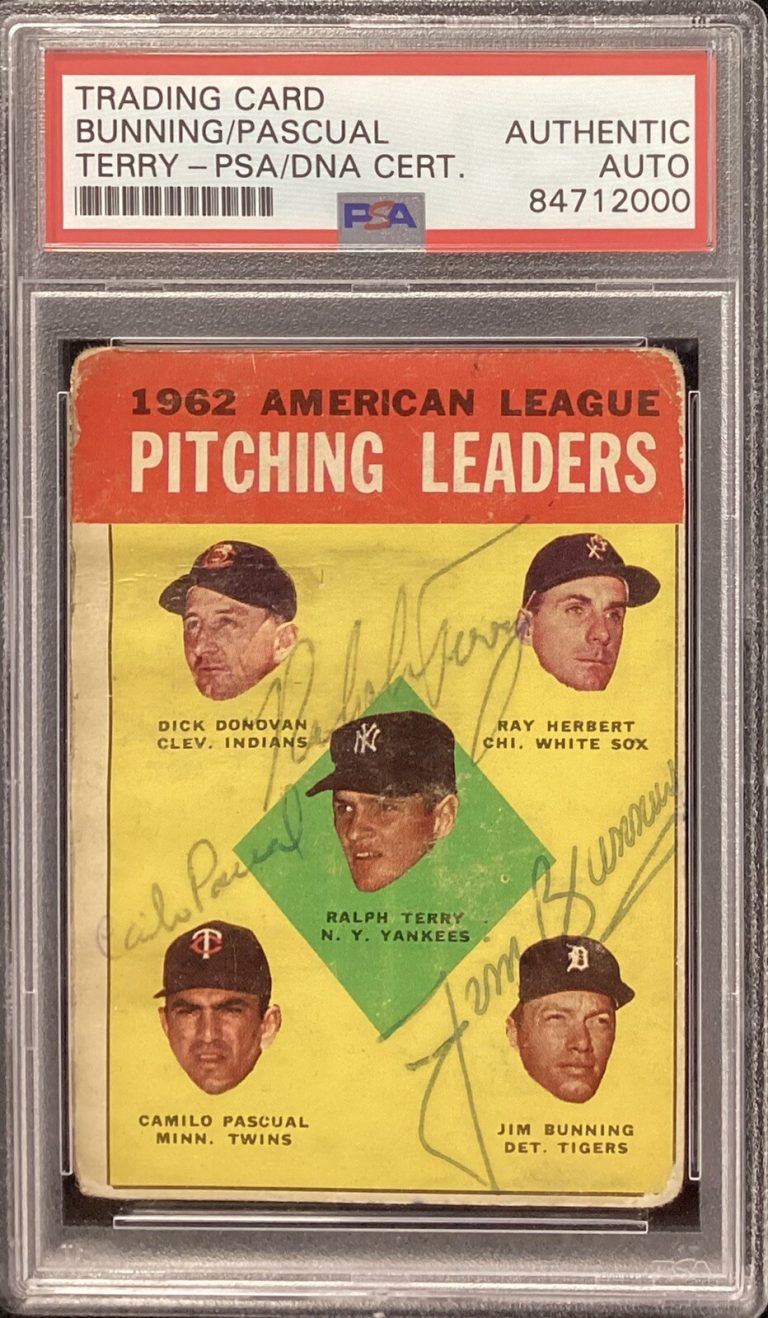 Jim Bunning Signed 1963 Topps #8 Card Ralph Terry Pascual Autograph HOF PSA/DNA