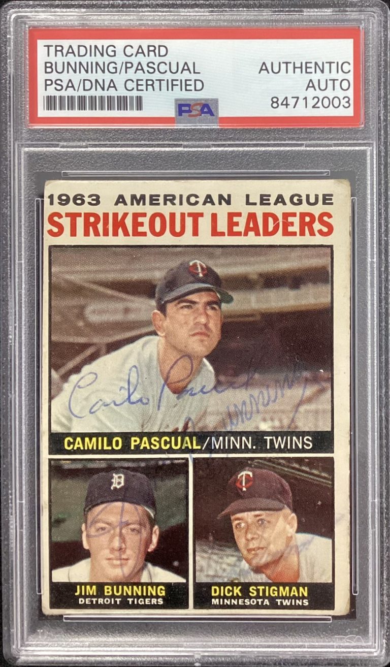 Jim Bunning Signed 1964 Topps #6 Card + Camilo Pascual Stigman Auto HOF PSA/DNA