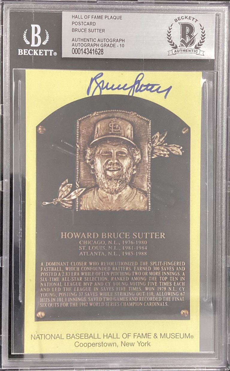 Bruce Sutter Signed Gold HOF Plaque Postcard Yellow Cubs Beckett Autograph 10