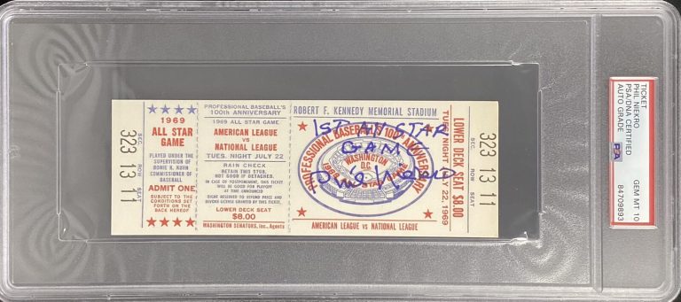 Phil Niekro Signed Full Ticket 1969 All Star Game Inscription PSA/DNA Auto 10