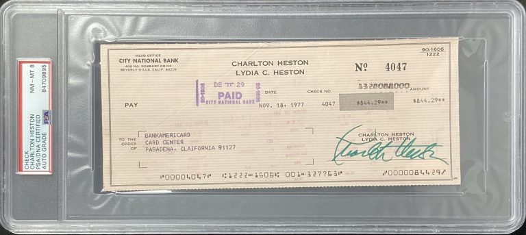 Charlton Heston Signed Check Ben-Hur Planet of the Apes PSA/DNA Auto NM-MT 8