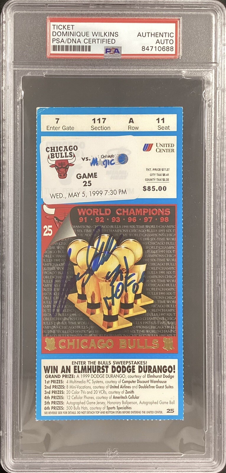 Dominique Wilkins Signed Full Ticket 3/5/99 Bulls Last Game HOF Inscrip PSA/DNA