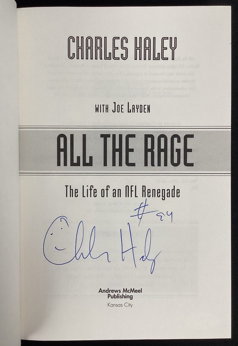 Charles Haley Signed Book All The Rage HCB Cowboys HOF Auto #94 Inscription JSA