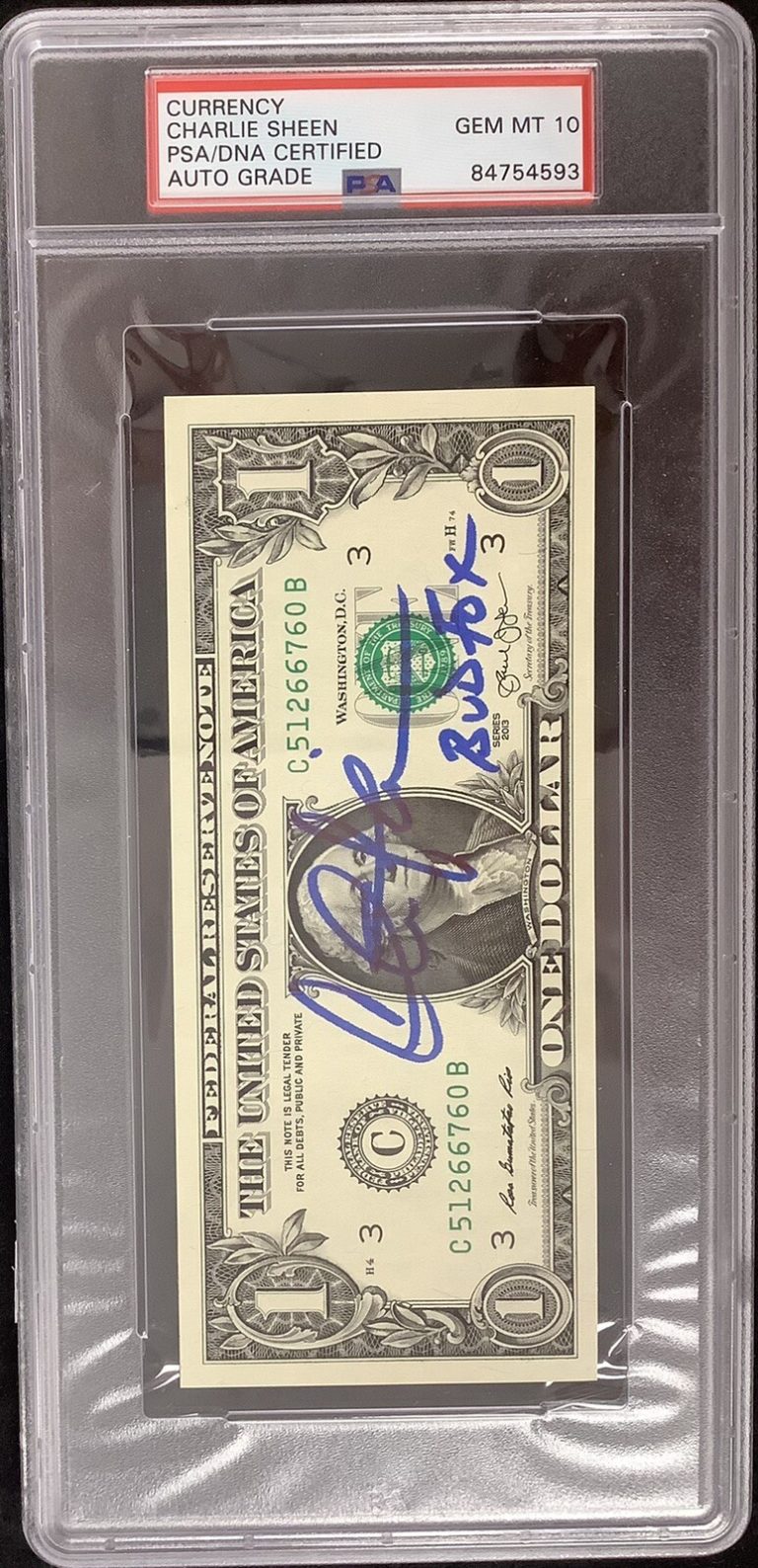 Charlie Sheen Signed Currency $1 Dollar Bill Bud Fox Blue PSA/DNA Auto Gem 10