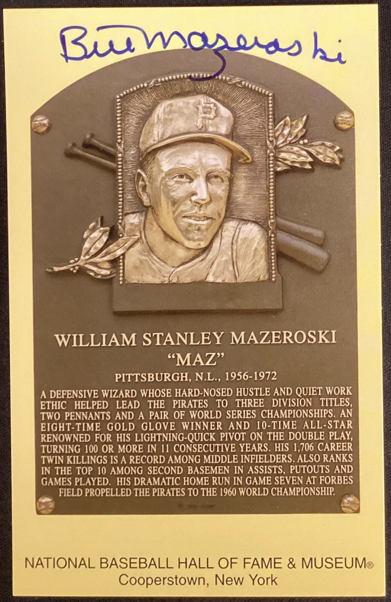 Bill Mazeroski Signed Gold Plaque HOF Postcard Yellow Autograph Pirates JSA