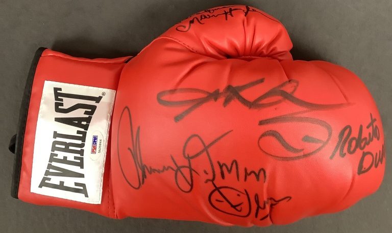 Four Kings Signed Boxing Glove Leonard, Marvin Hagler, Hearns, Duran JSA Steiner