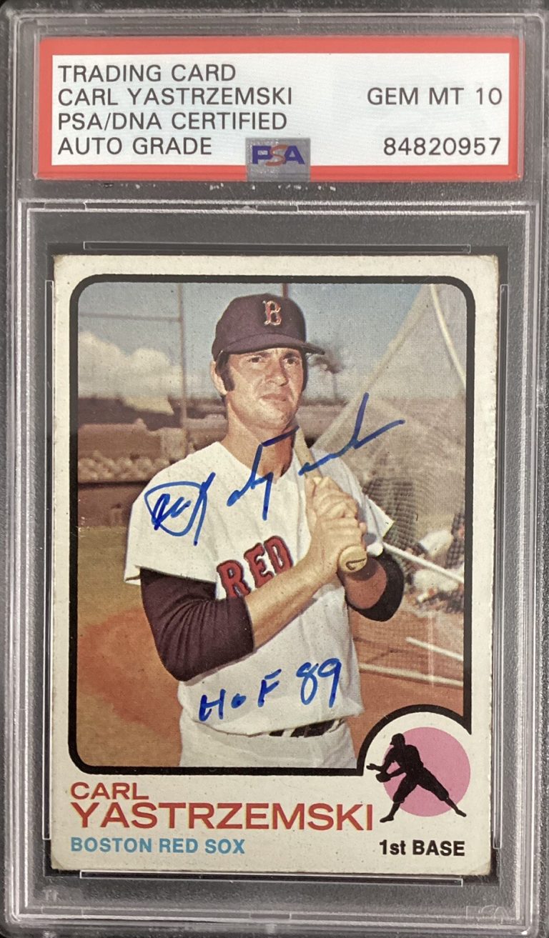 Carl Yastrzemski Signed 1973 Topps #245 Card Red Sox HOF Inscr PSA/DNA Auto 10