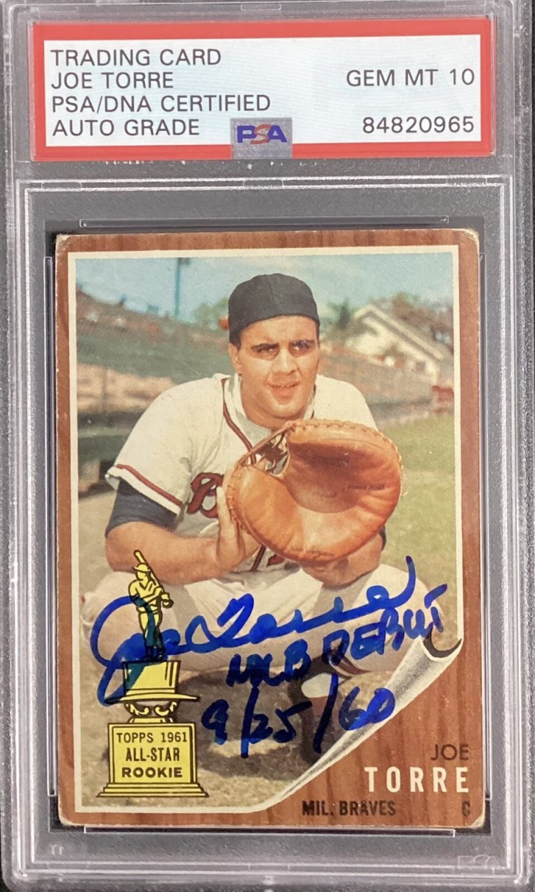 Joe Torre Signed 1962 Topps #218 Rookie Card RC Debut Auto PSA/DNA Gem MT 10
