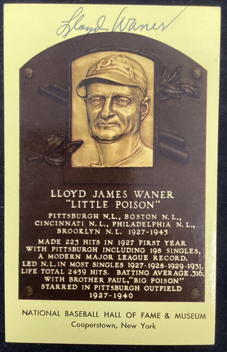 Lloyd Waner Signed Gold HOF Plaque Postcard Yellow JSA Autograph