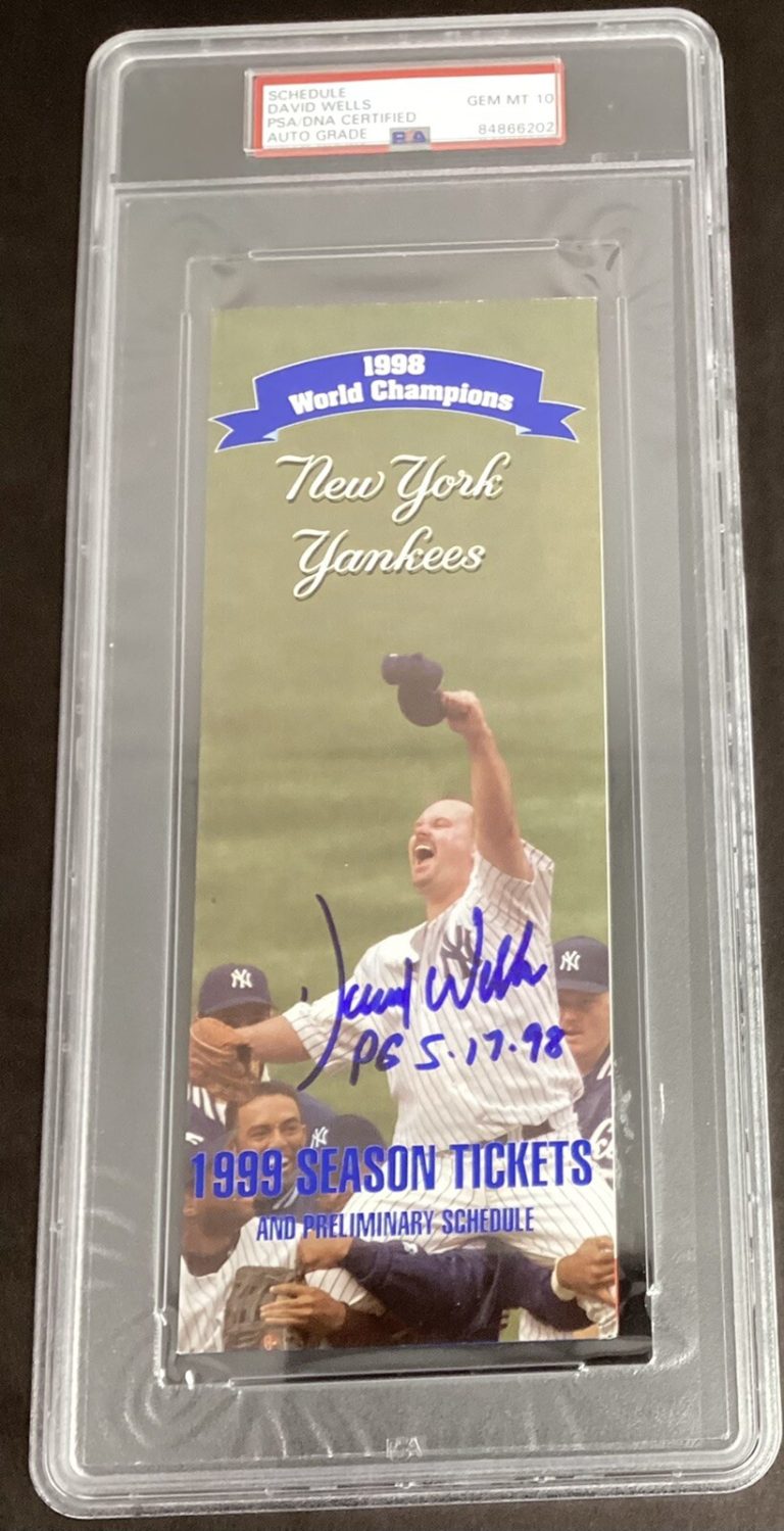 David Wells Signed 1999 NY Yankees Schedule￼ PSA/DNA Auto MT 10 ￼ Perfect Game