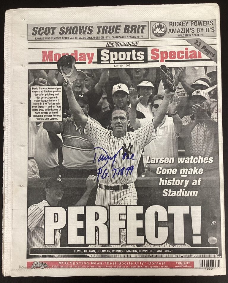David Cone Signed Newspaper Perfect Game PG 7/18/98 NY Post Baseball Auto BAS
