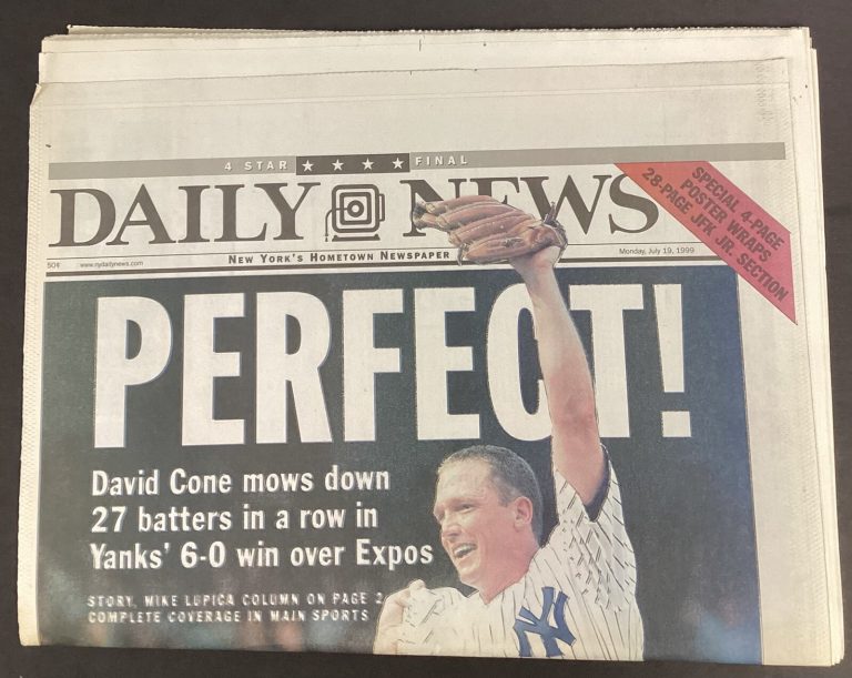 David Cone Signed Newspaper Perfect Game PG 7/18/98 Daily News Yankees Auto BAS