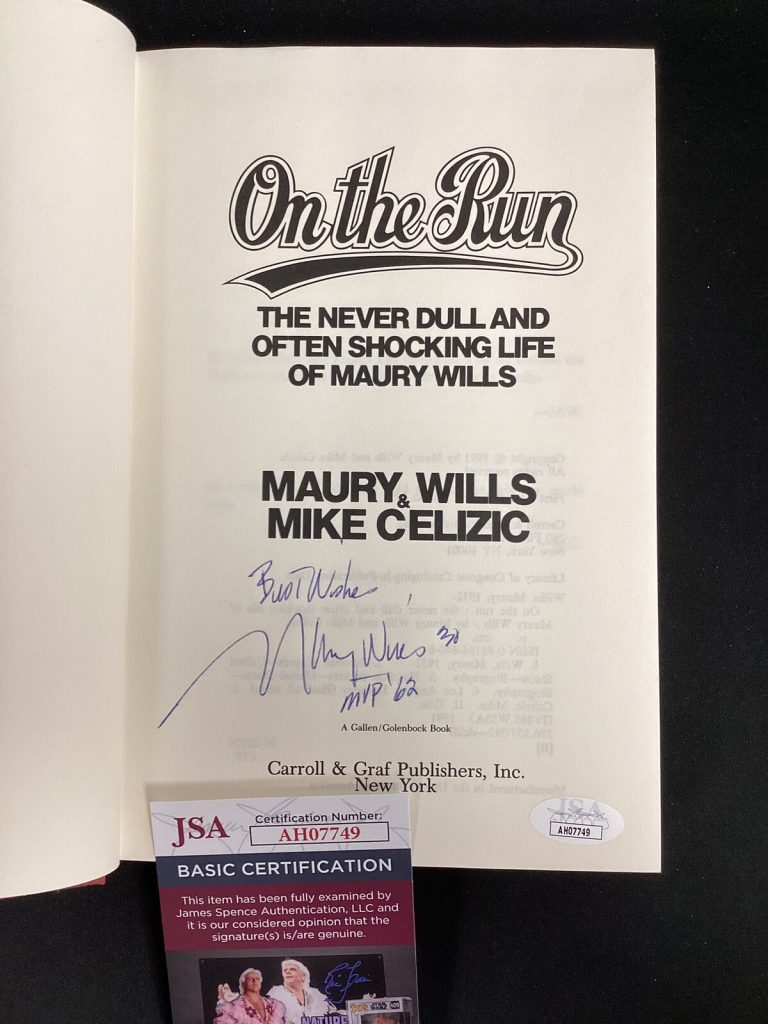 Maury Wills Signed Book On The Run Dodgers Baseball Auto JSA Stolen Base HOF?