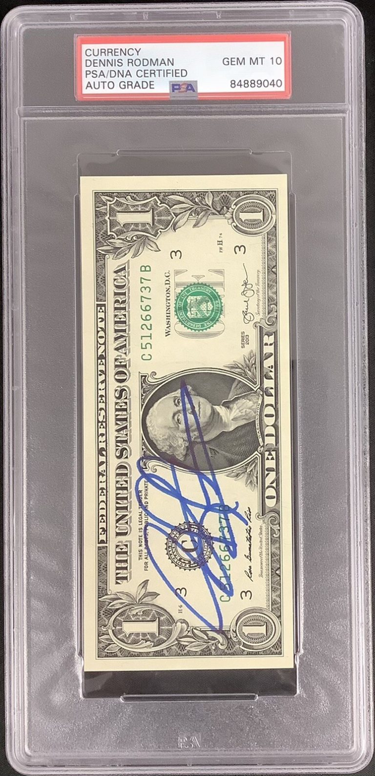 Dennis Rodman Signed Currency Pistons  Basketball Auto PSA/DNA $1 Bill Gem Mt 10