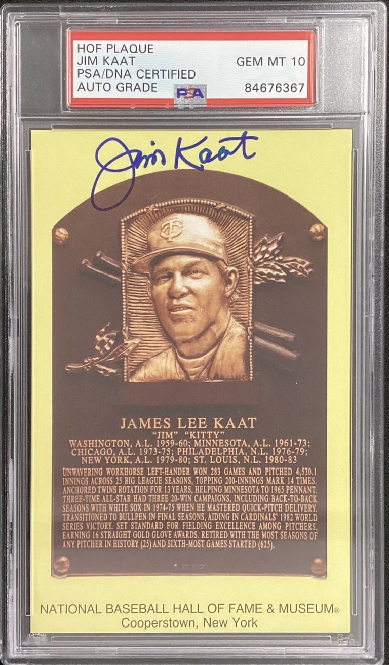 Jim Kaat Signed Gold HOF Plaque Postcard Yellow Twins NYY PSA/DNA Auto Gem 10