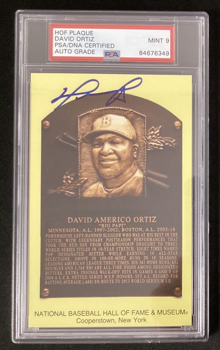David Ortiz Signed Gold HOF Plaque Postcard Yellow Red Sox PSA/DNA Auto Mint 9