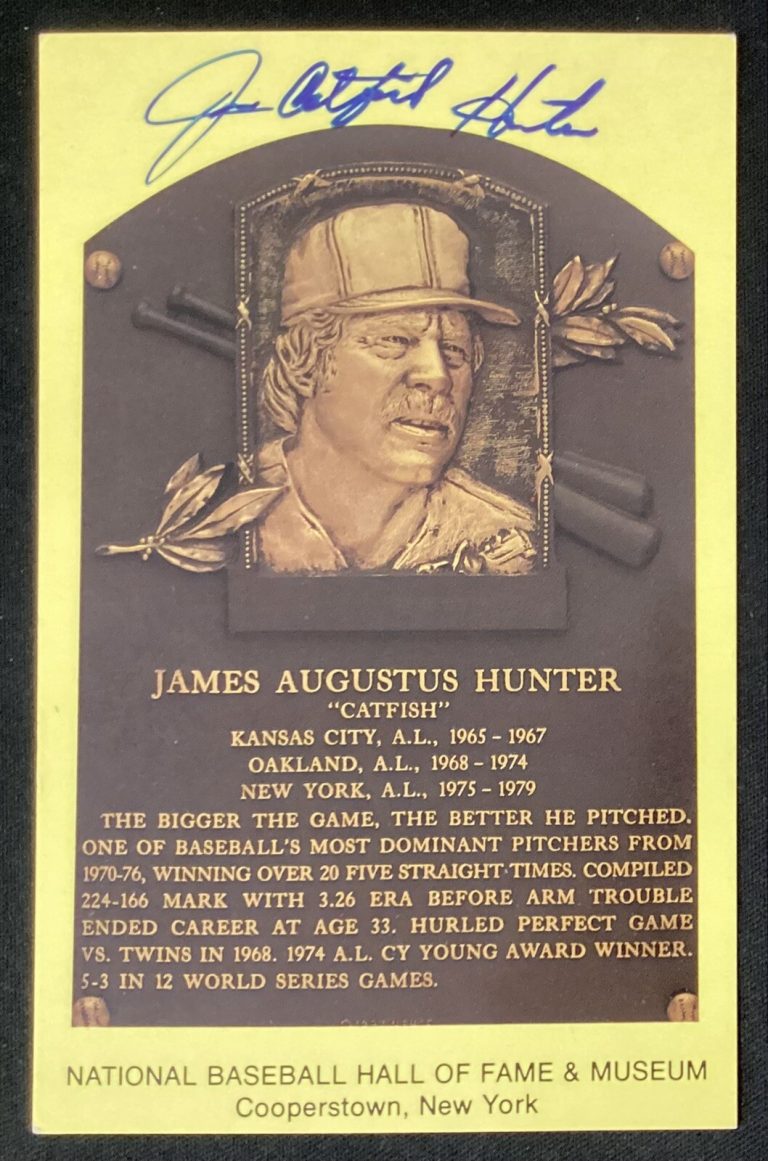 Jim Catfish Hunter Signed Gold HOF Plaque Yankees Postcard Yellow Autograph GTP