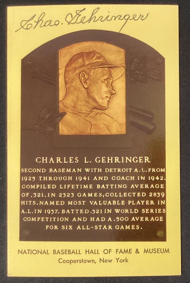 Charlie Gehringer Signed Gold HOF Plaque Postcard Tigers Yellow Autograph GTP