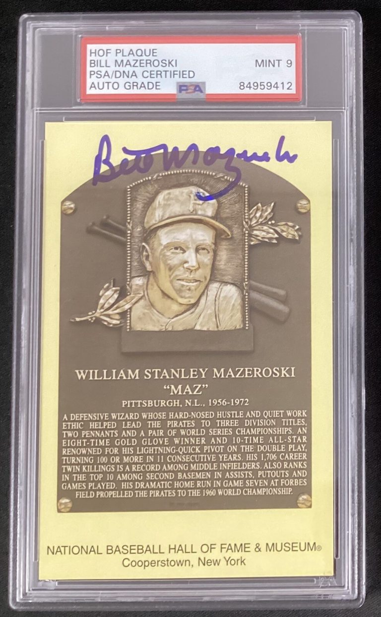 Bill Mazeroski Signed Gold Plaque HOF Postcard Yellow Pirate PSA/DNA Auto 9