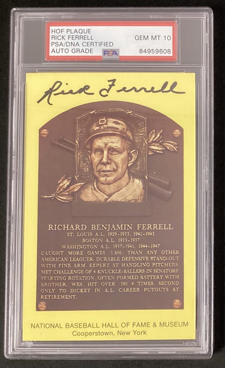 Rick Ferrell Signed Gold HOF Plaque Postcard Yellow Autograph Browns PSA/DNA 10