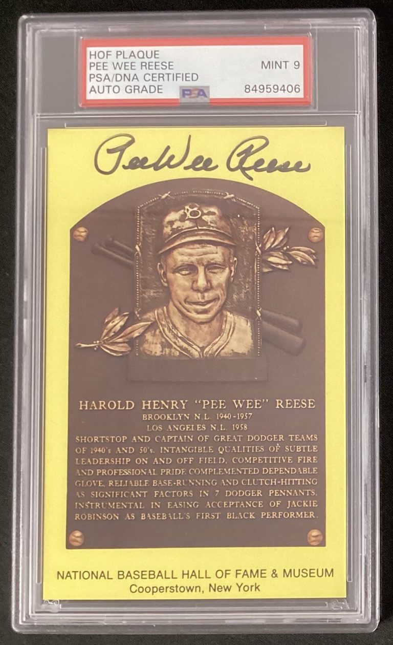 Pee Wee Reese Signed Gold Plaque HOF Postcard Yellow Dodgers PSA/DNA Auto Mint 9