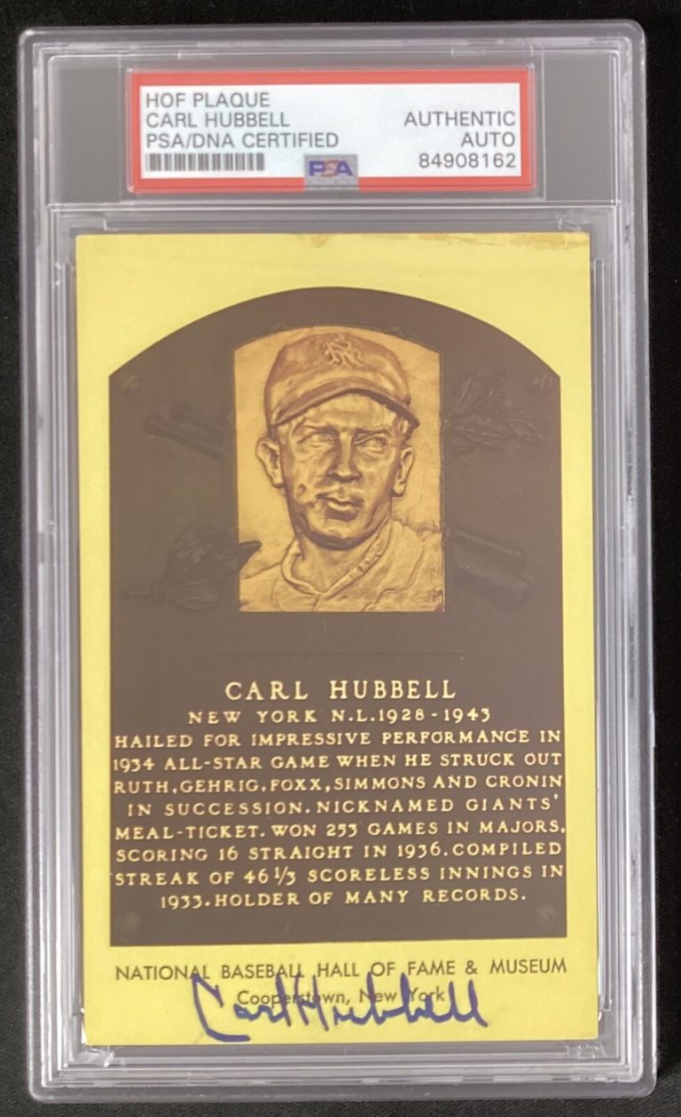 Carl Hubbell Signed Plaque Postcard Gold Yellow Giants Meal Ticket Auto PSA/DNA