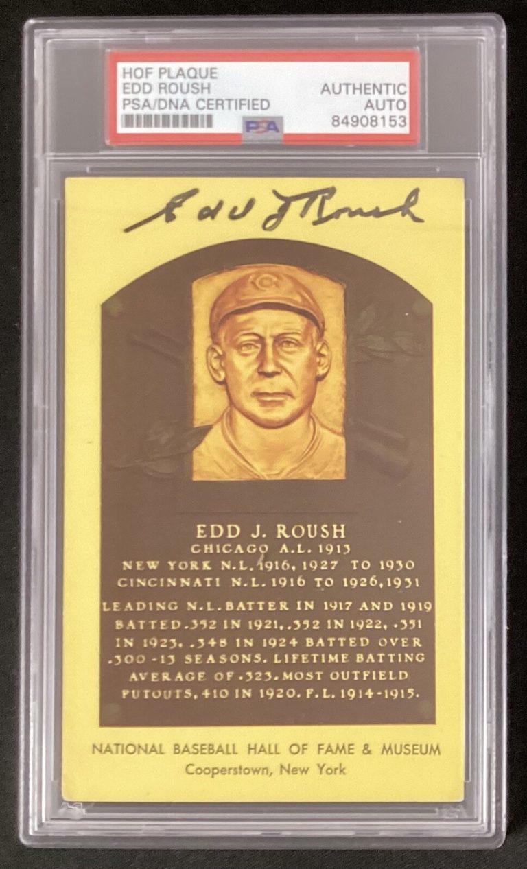 Edd Roush Signed Plaque Postcard Yellow White Sox Gold HOF Autograph PSA/DNA
