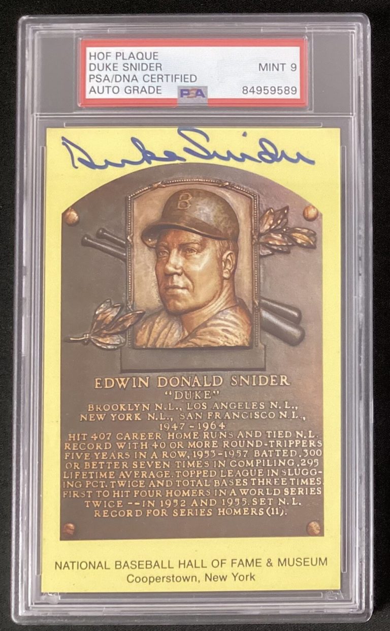 Duke Snider Signed Gold HOF Plaque Postcard Yellow Dodgers Autograph PSA/DNA MT9