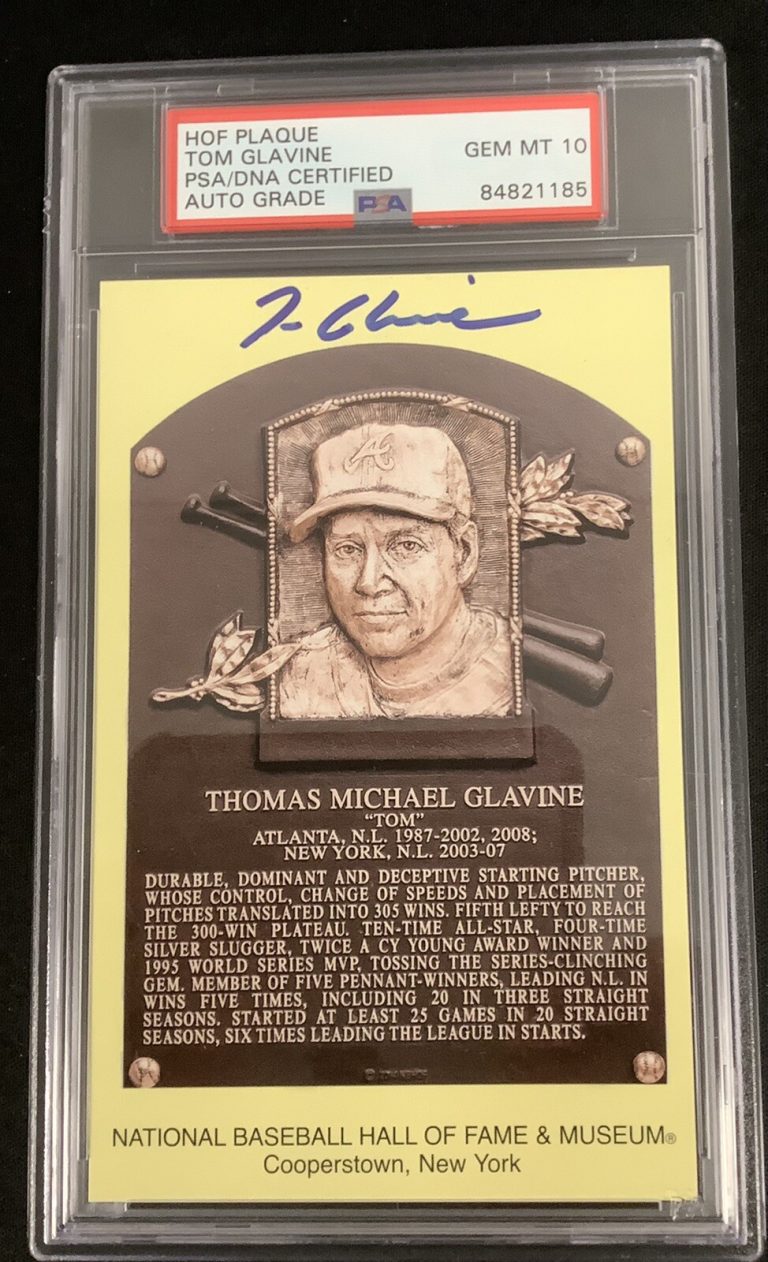Tom Glavine Signed Gold HOF Plaque Postcard Yellow Braves PSA/DNA Auto Gem 10