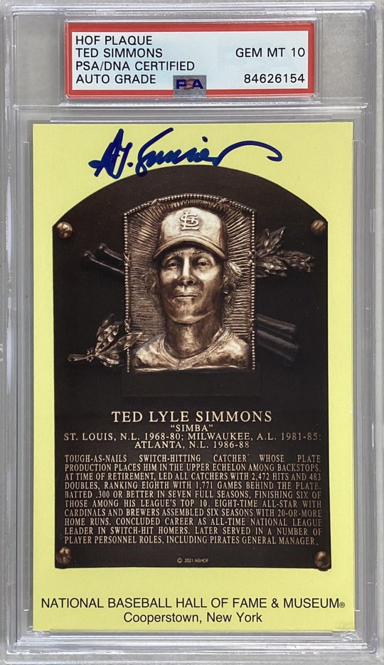 Ted Simmons Signed Gold HOF Plaque Postcard Yellow Cardinals PSA/DNA Auto Gem 10