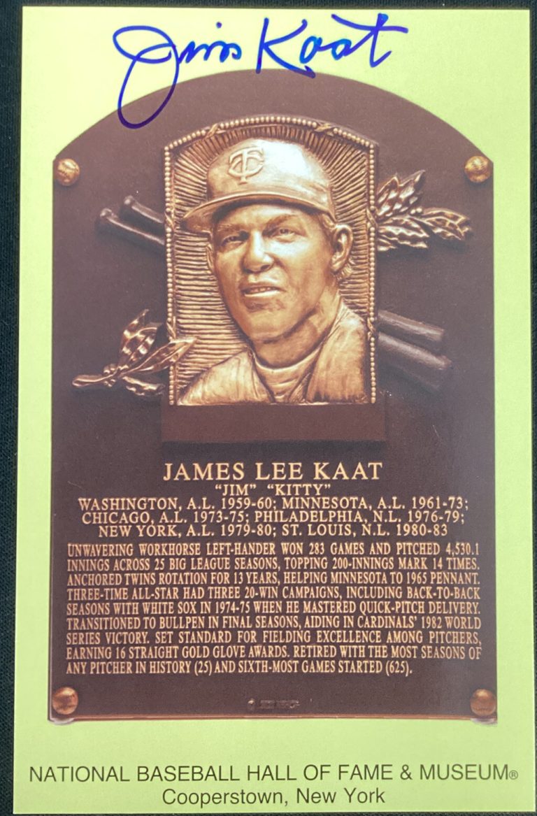 Jim Kaat Signed Gold HOF Plaque Postcard Yellow Senators Twins Autograph JSA