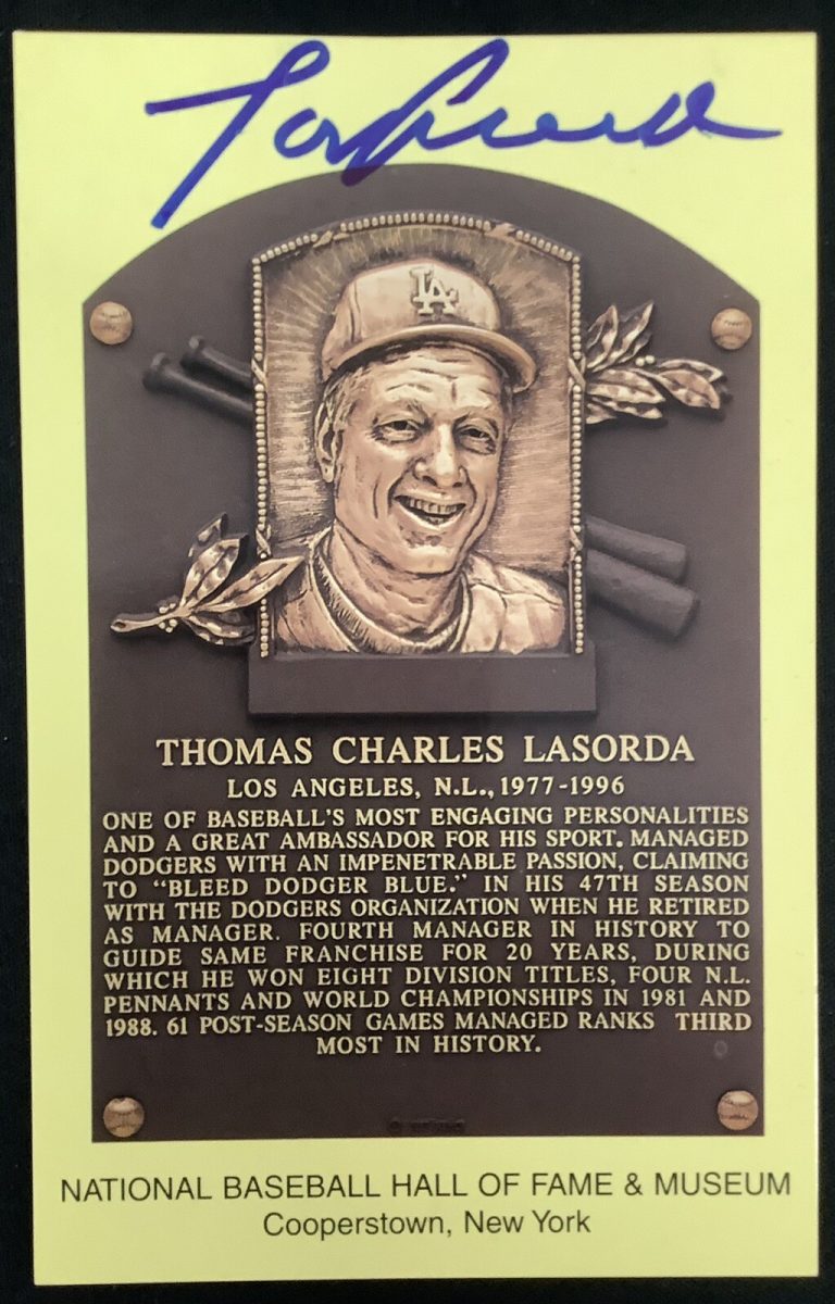 Tom Lasorda Signed Gold HOF Plaque Postcard Yellow Dodgers Autograph MLB JSA